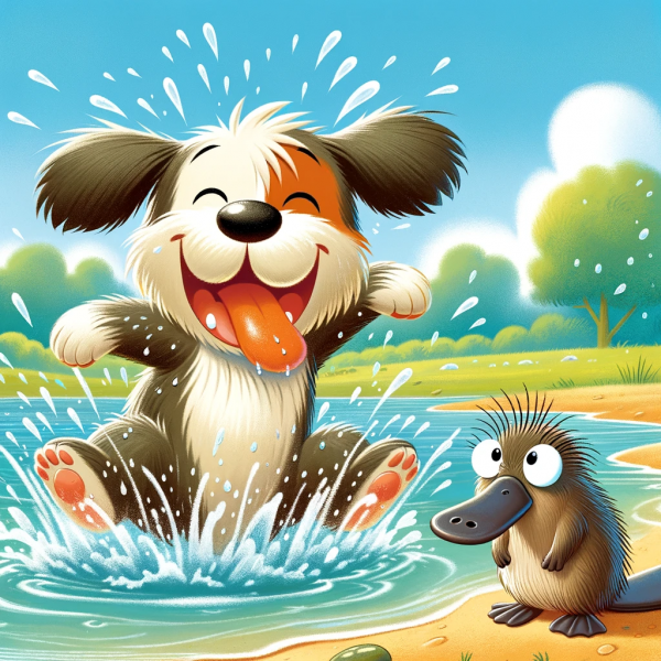 a dog splashing water and a platypus
