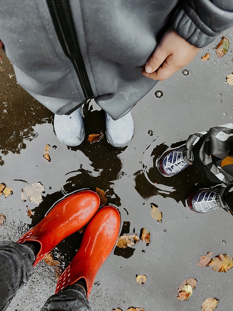 kids` rain boots in puddle