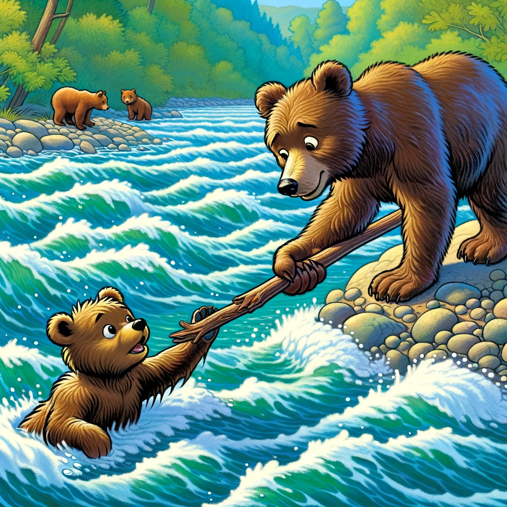 a big bear holding a stick to save another bear from the river
