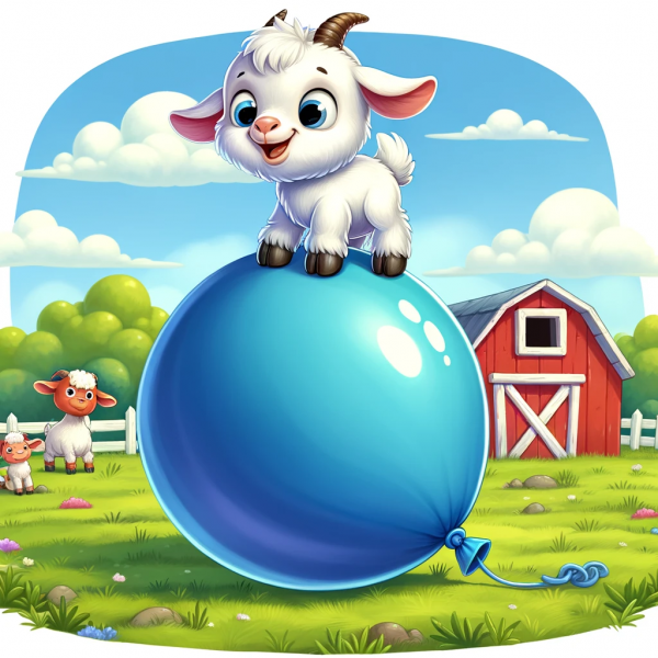 goat jumping on a big blue balloon