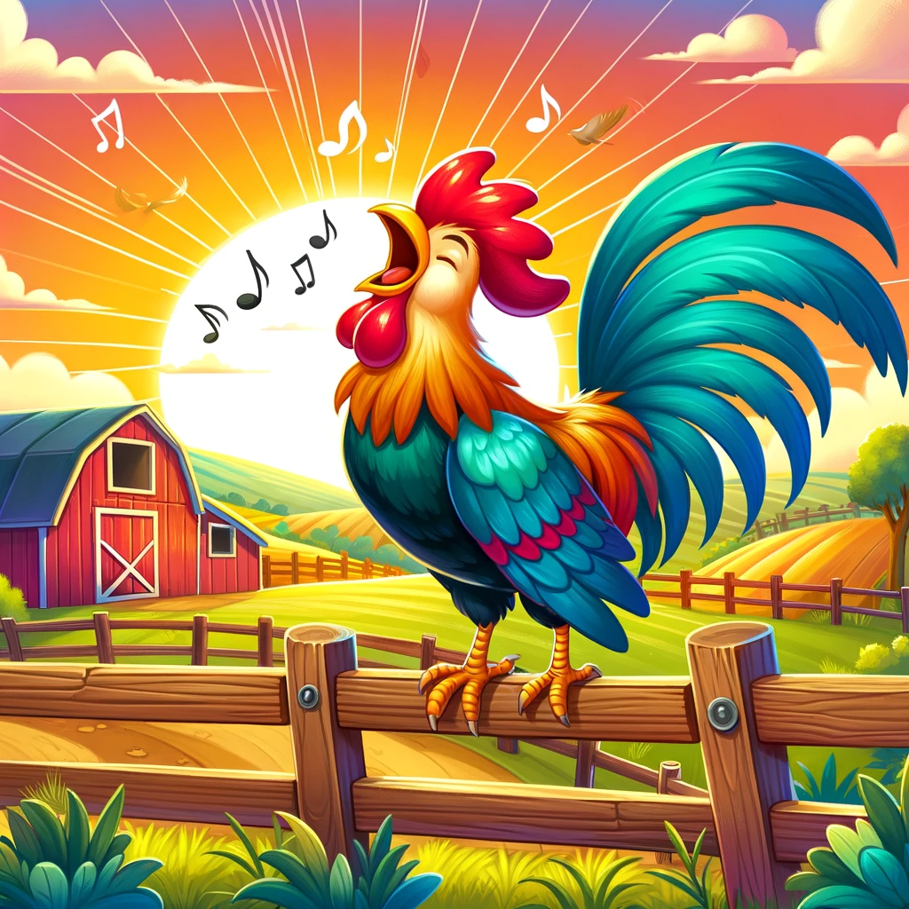 a rooster crowing in the morning, on a fence