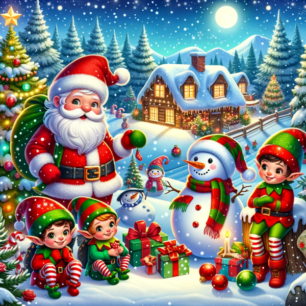 christmas image with santa, elves and snowmen