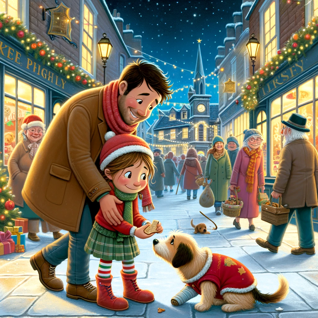 gir with her father sharing her sandwich with a stray dog