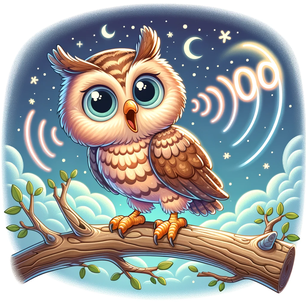 an owl on a branch doing a whoo with an echo