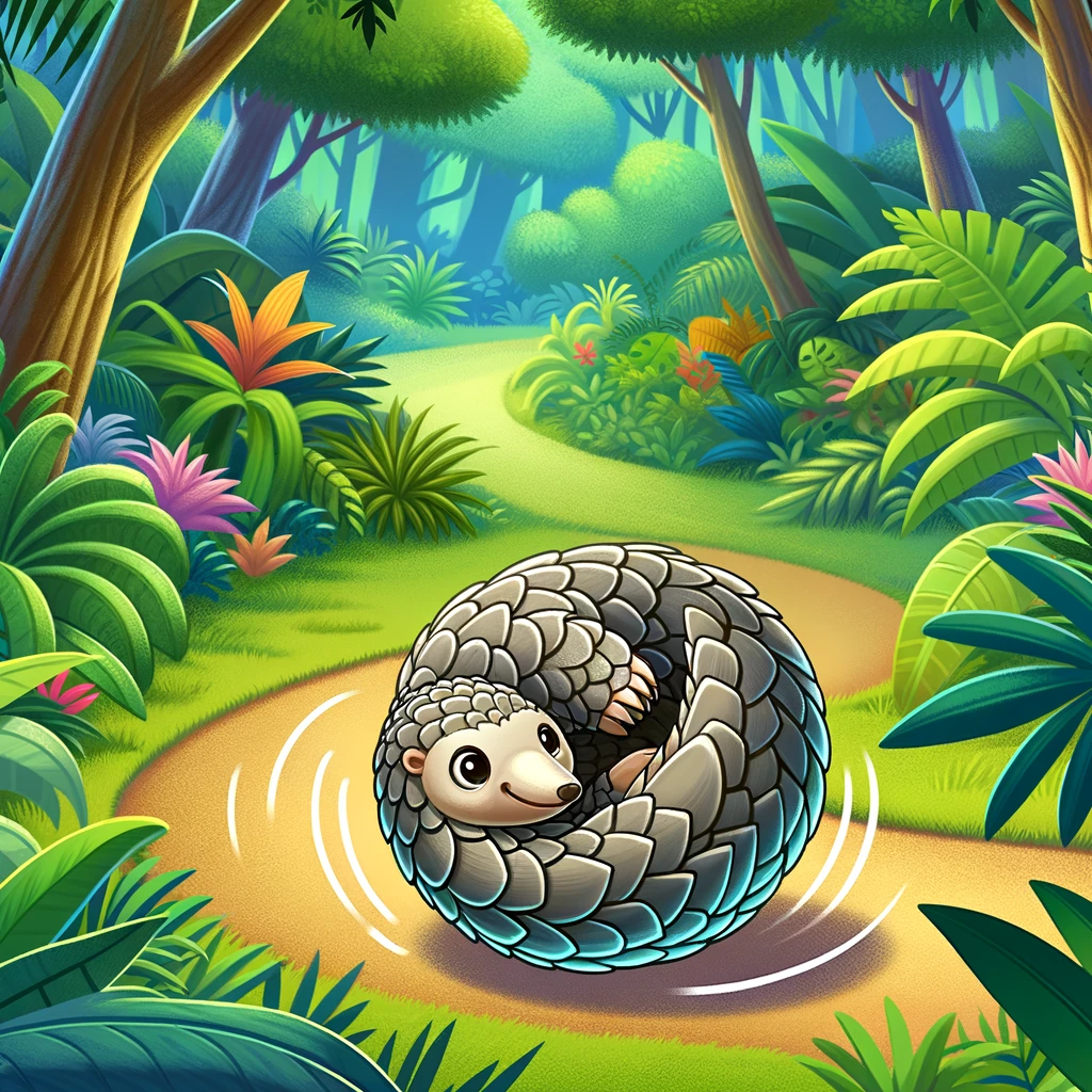 cute pangolin curled as a ball, rolling through the jungle