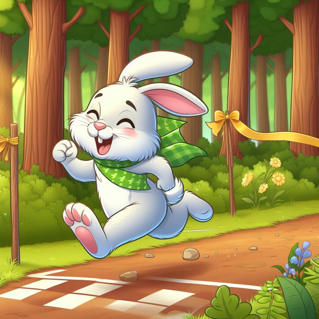 rabbit Remy finishing the forest race