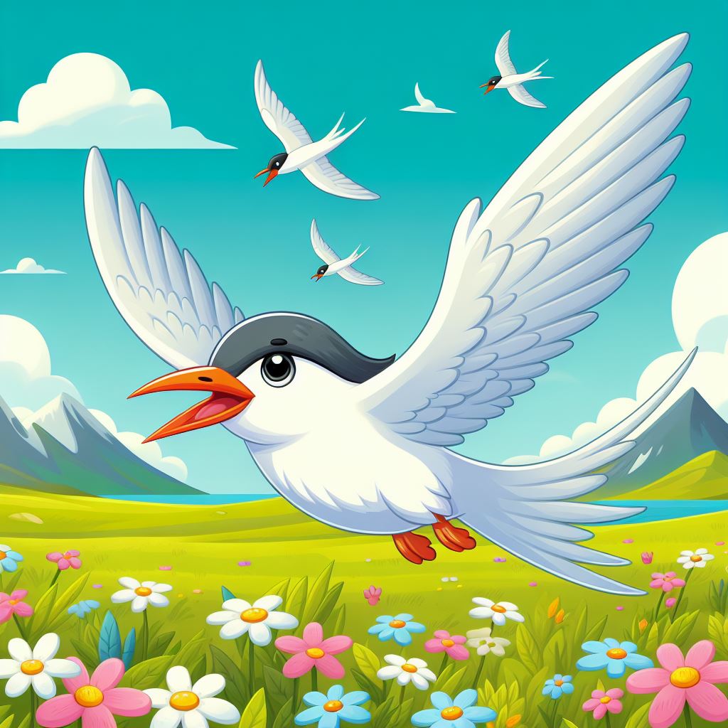 arctic tern flying over field of flowers