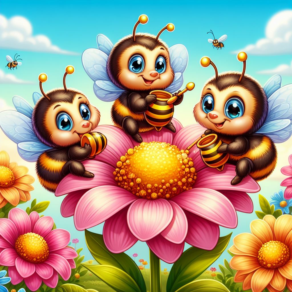 3 bees collecting pollen from a pink flower