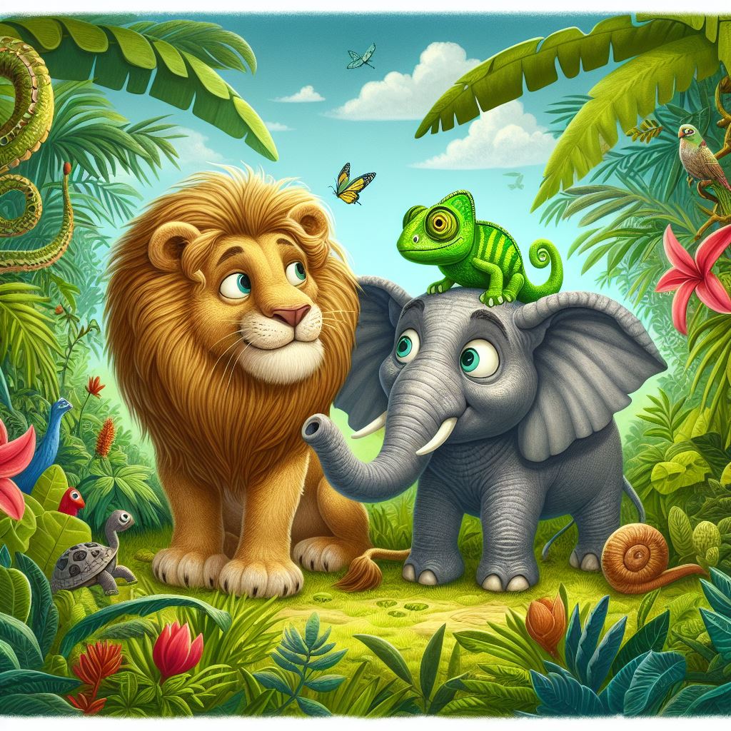 colorful jungle journey with the lion, the elephant and the chameleon