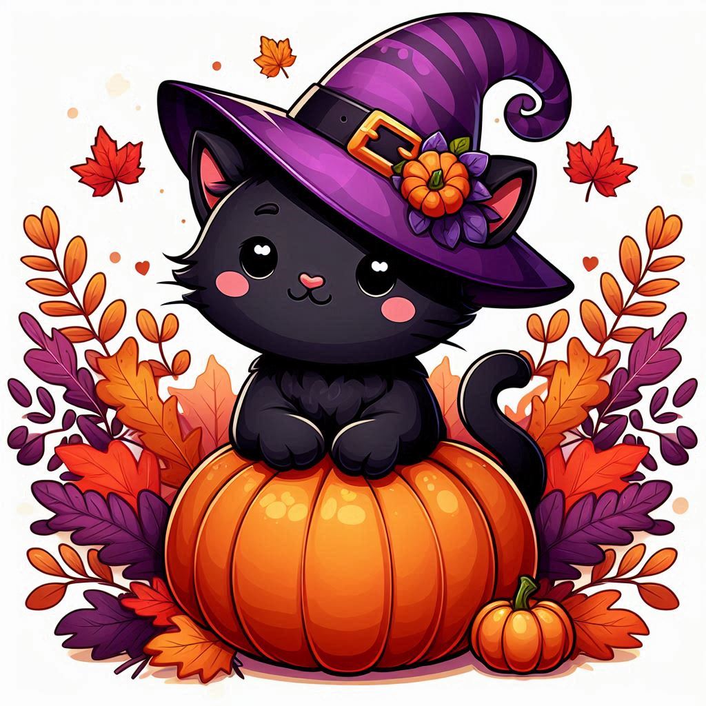 black cat wearing a witch hat