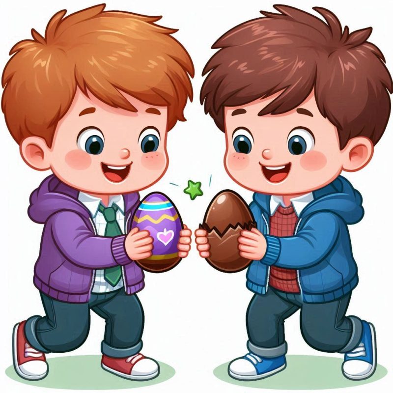 moral stories for kids: two boys opening a chocolate surprise egg