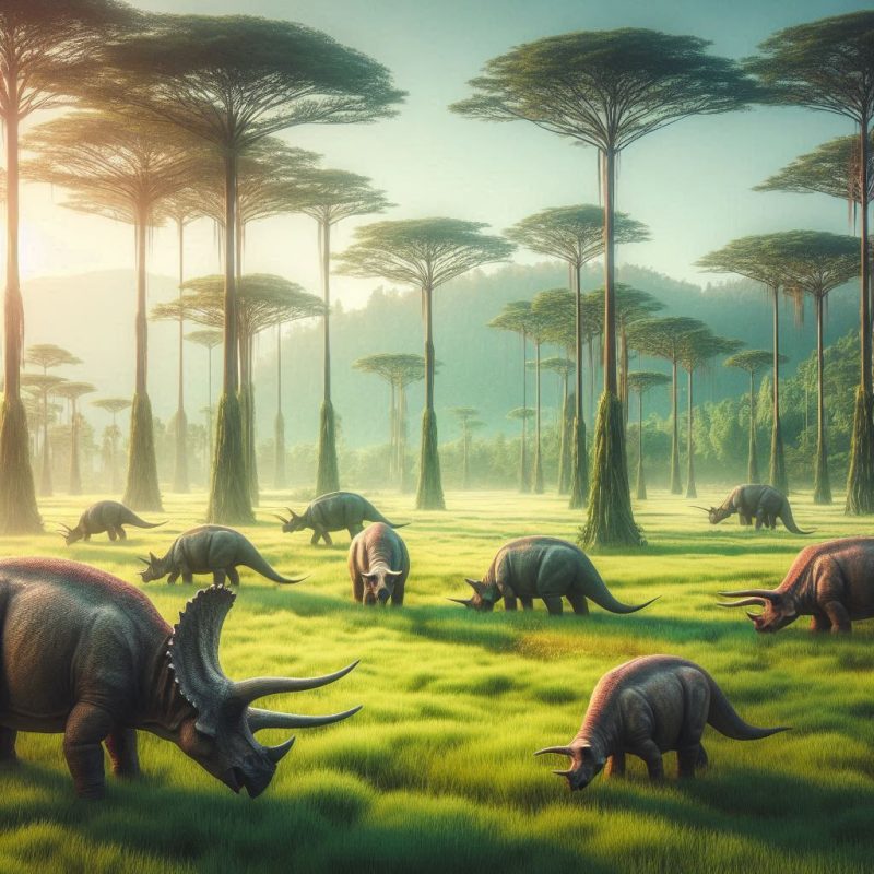 a herd of triceratops dinosaurs grazing grass